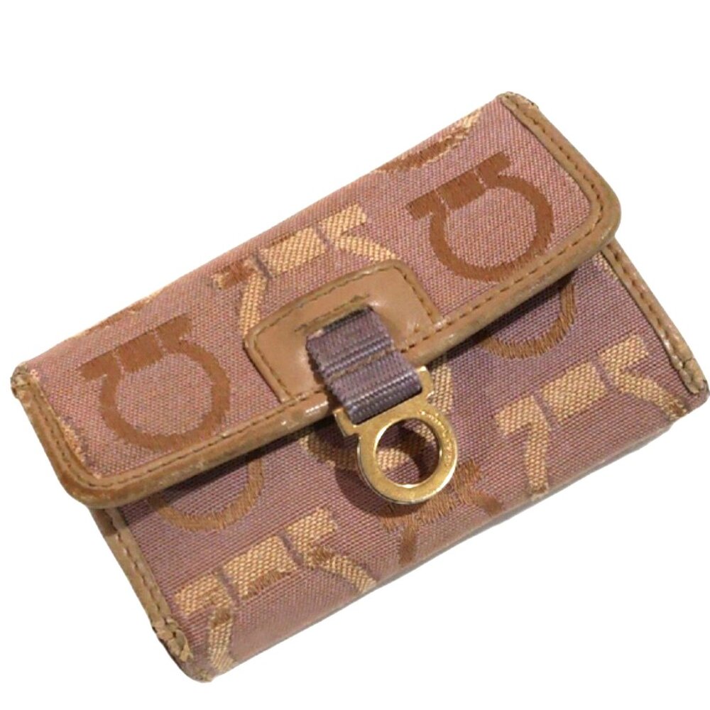 Authentic Salvatore Ferragamo Purple Canvas 6-Key Wallet Holder w/ Leather Trim